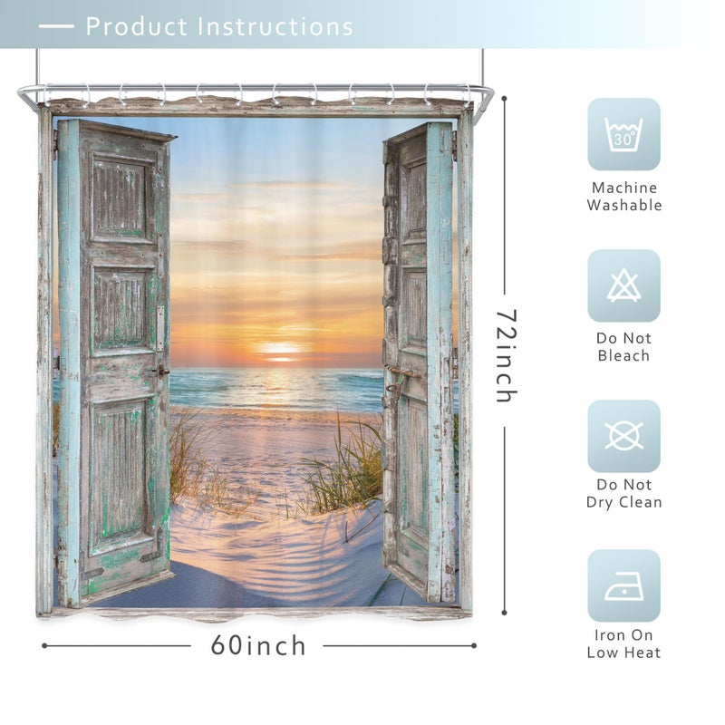 Riyidecor Beach Barn Door Shower Curtain 60Wx72H Inch Blue Ocean Beachy Nautical Coastal Seaside Sea Hawaiian Sunset Landscape Farmhouse Wood Bathroom Decor Fabric Polyester Waterproof 12 Pack Hooks - Image 5