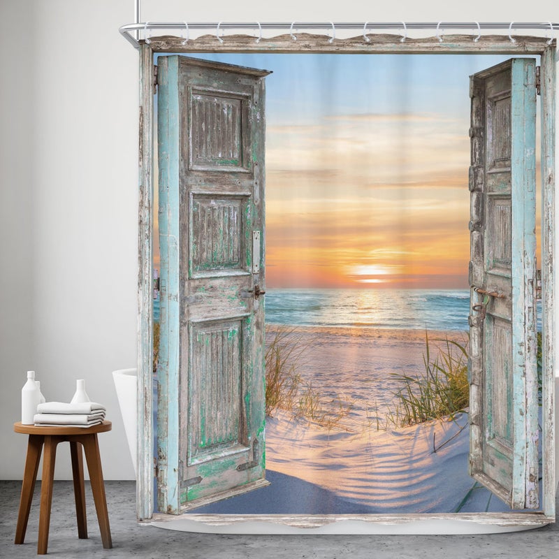 Riyidecor Beach Barn Door Shower Curtain 60Wx72H Inch Blue Ocean Beachy Nautical Coastal Seaside Sea Hawaiian Sunset Landscape Farmhouse Wood Bathroom Decor Fabric Polyester Waterproof 12 Pack Hooks - Image 2