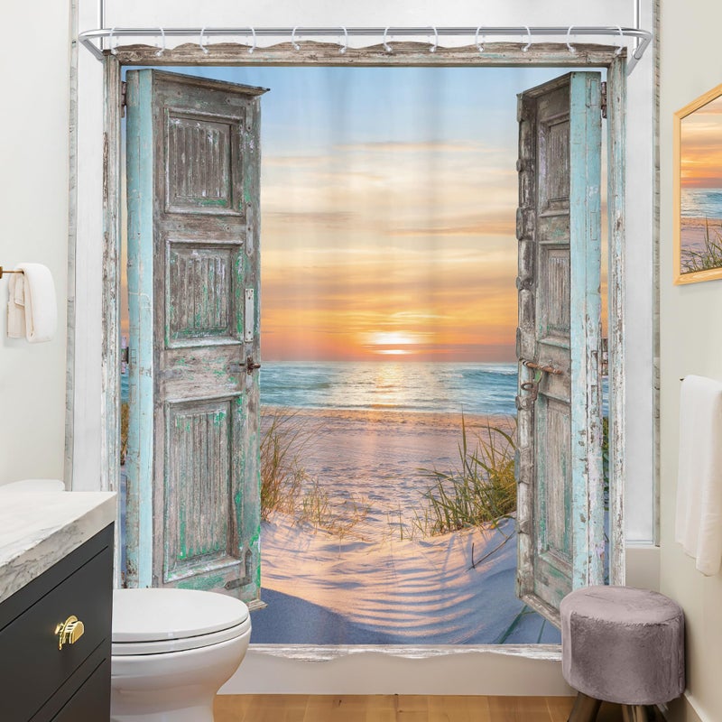 Riyidecor Beach Barn Door Shower Curtain 60Wx72H Inch Blue Ocean Beachy Nautical Coastal Seaside Sea Hawaiian Sunset Landscape Farmhouse Wood Bathroom Decor Fabric Polyester Waterproof 12 Pack Hooks - Image 4