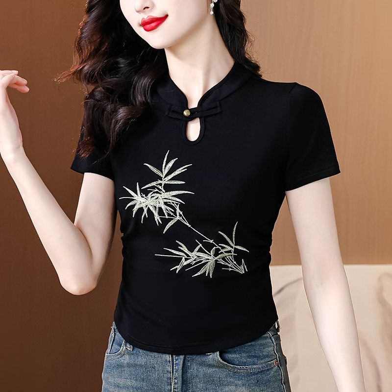 2025 Summer New Retro Style Short-Sleeve T-Shirt for Women, New Chinese Style National Style Buttoned Qipao Blouse for Petite Women - Image 4