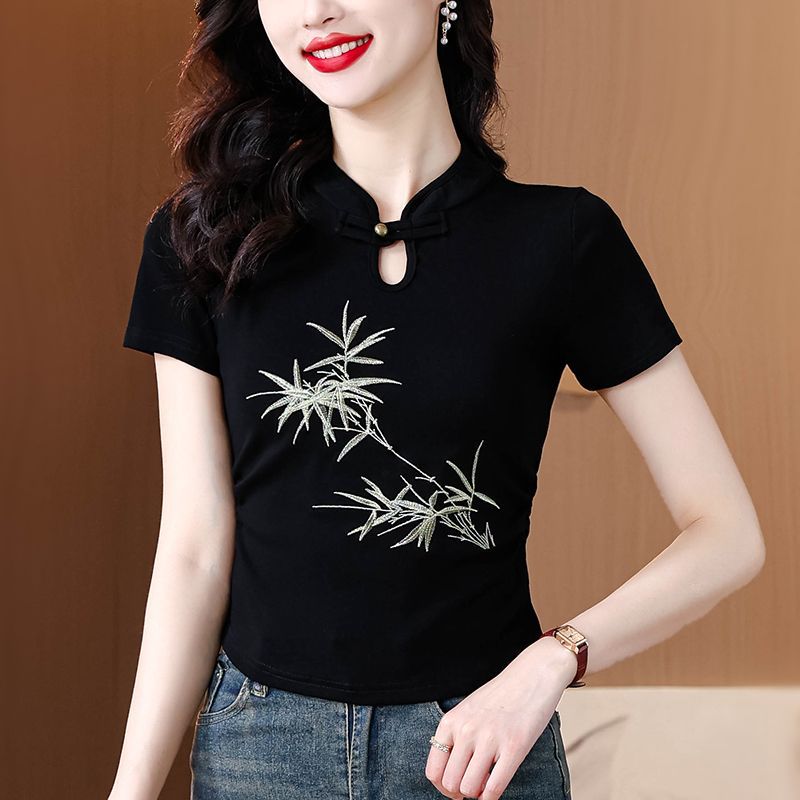 2025 Summer New Retro Style Short-Sleeve T-Shirt for Women, New Chinese Style National Style Buttoned Qipao Blouse for Petite Women - Image 2
