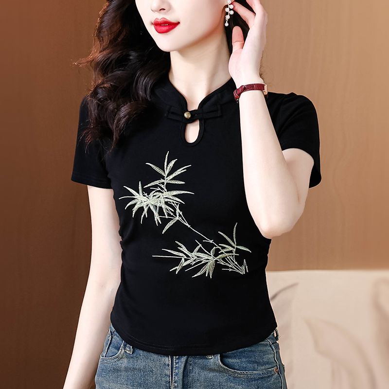 2025 Summer New Retro Style Short-Sleeve T-Shirt for Women, New Chinese Style National Style Buttoned Qipao Blouse for Petite Women - Image 3