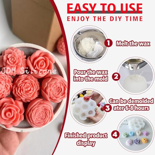 Skytail 7 Cavity Rose Peony Flower Silicone Candle Mould for Chocolate Fondant Candy Cake Decoration Cupcake Topper Jelly Dessert Ice Cube Wax Soap Bath Bomb Floral Carnation Resin Craft Jewelry Mold - Image 3