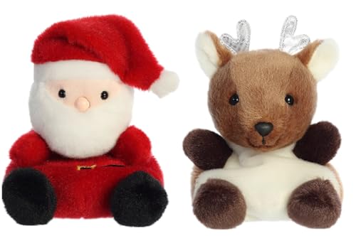Aurora Bundle of 2 Palm Pals Christmas Holiday 5 inch Plush Santa and Dash Reindeer - Image 1