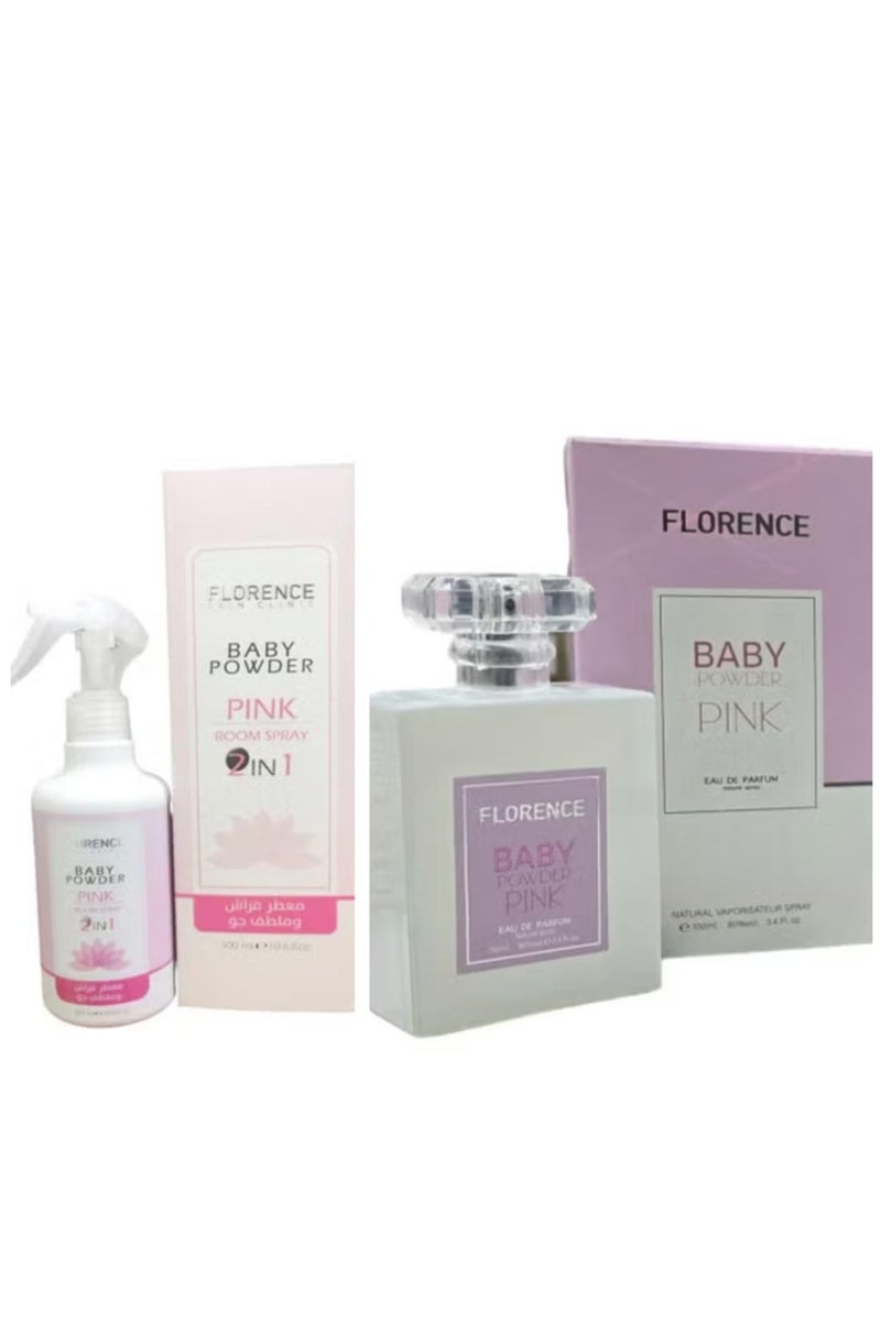 فلورنسا مجموعة بيبي باودر بينك من فلورنسا أو دو برفيوم 100 مل + معطر جو 2 في 1 300 مل