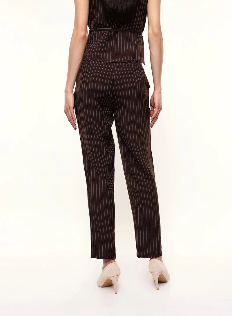 Dennis Lingo  Dark Brown Poly Striped Ankle Length Chinos Straight Fit Trouser For Women for Women | Best Price UAE