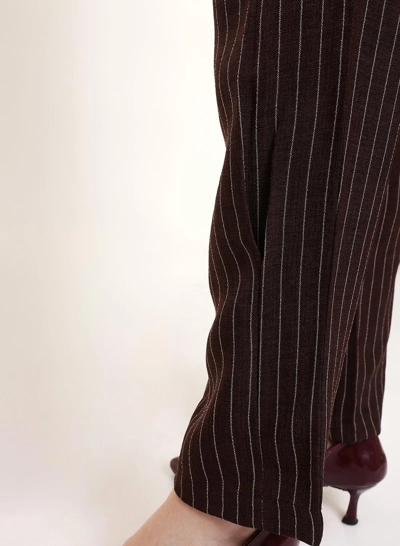 Dennis Lingo  Dark Brown Poly Striped Ankle Length Chinos Straight Fit Trouser For Women for Women | Best Price UAE