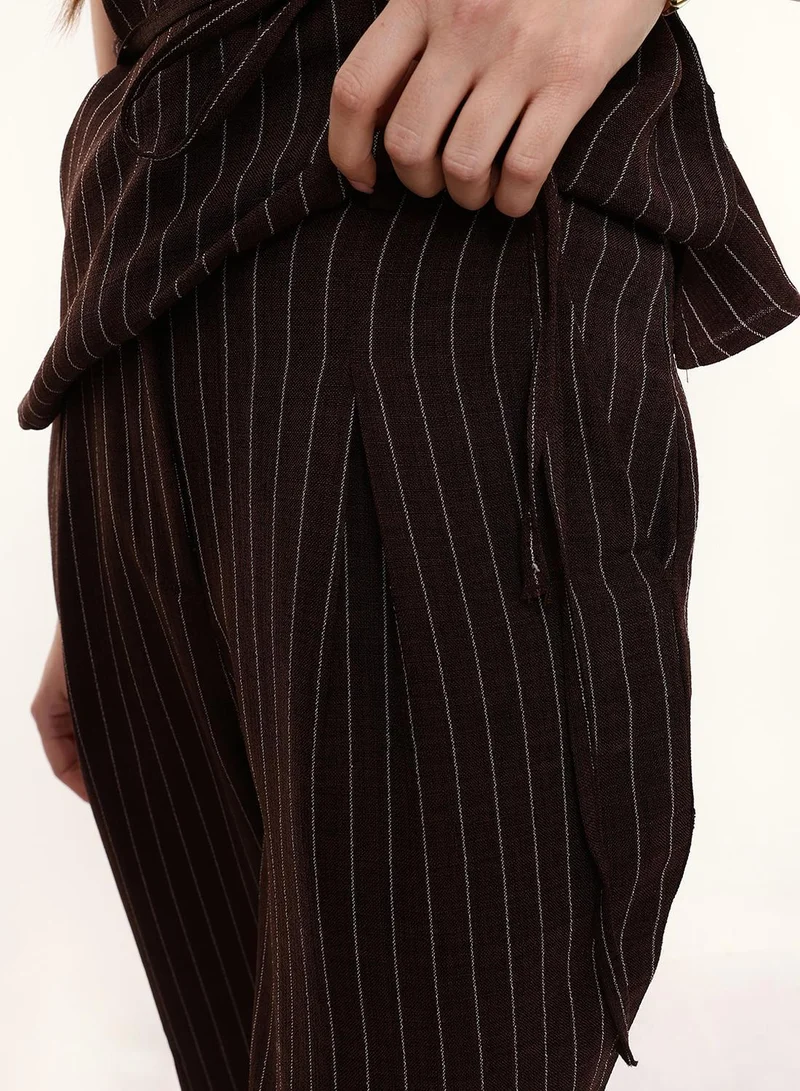 Dennis Lingo  Dark Brown Poly Striped Ankle Length Chinos Straight Fit Trouser For Women for Women | Best Price UAE