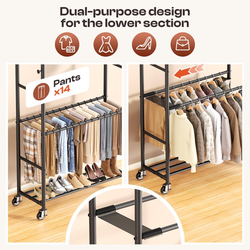 ZHKINGGS Clothes Racks for Hanging Clothes, Rolling Clothing Rack with Pants Rack, Side Hooks & Shoe Shelf, Portable Garment Rack for Bedroom, Laundry Room, Clothing Store, Closet, Black - Image 2