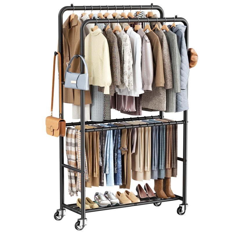 ZHKINGGS Clothes Racks for Hanging Clothes, Rolling Clothing Rack with Pants Rack, Side Hooks & Shoe Shelf, Portable Garment Rack for Bedroom, Laundry Room, Clothing Store, Closet, Black - Image 1