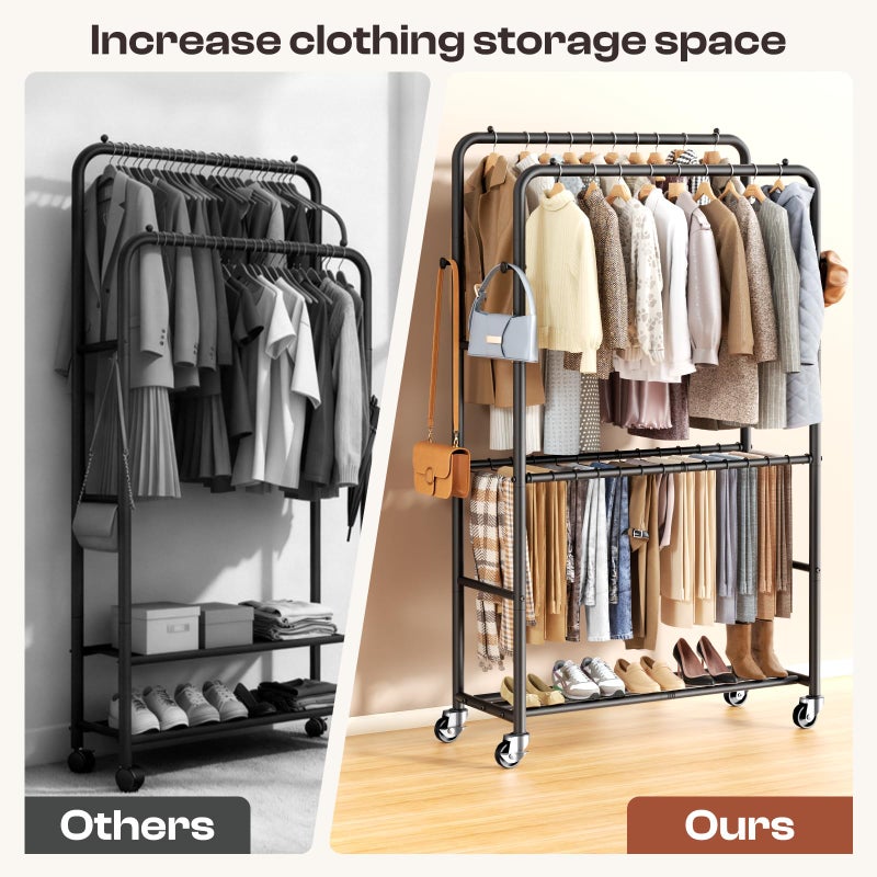 ZHKINGGS Clothes Racks for Hanging Clothes, Rolling Clothing Rack with Pants Rack, Side Hooks & Shoe Shelf, Portable Garment Rack for Bedroom, Laundry Room, Clothing Store, Closet, Black - Image 5