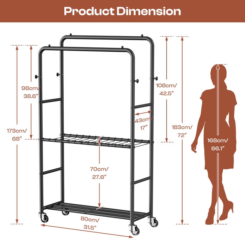 ZHKINGGS Clothes Racks for Hanging Clothes, Rolling Clothing Rack with Pants Rack, Side Hooks & Shoe Shelf, Portable Garment Rack for Bedroom, Laundry Room, Clothing Store, Closet, Black - Image 4