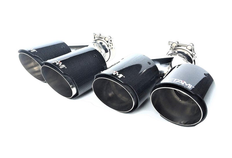 NETAMI 25 to 35 Quad Staggered Outlets Exhaust Tip Carbon Fiber Stainless Steel Chrome Polish Bolton A Pair