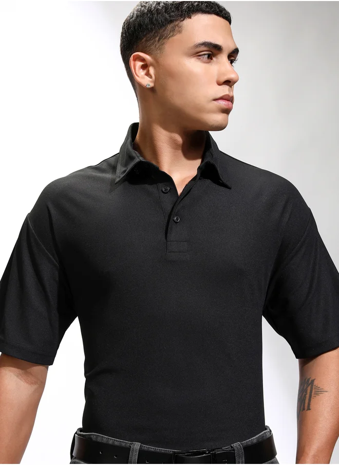 هاي لاندر Solid Polo Neck Relaxed Fit T-Shirt