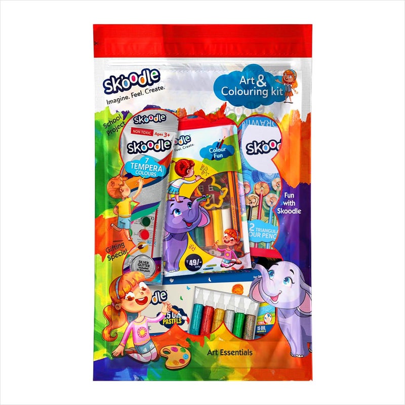 SKOODLE Art & Coloring Kit for Kids - Complete Creative Set with Oil Pastels, Watercolors, Triangular Colored Pencils, Drawing Book, Glitter Paints & Clay with Shaper - Set for Creativity - Image 3