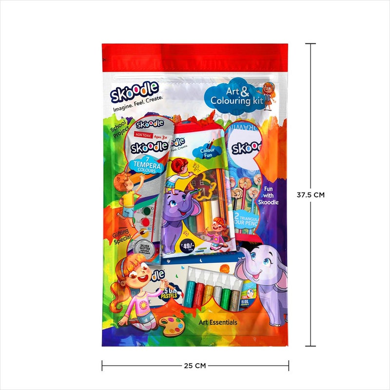 SKOODLE Art & Coloring Kit for Kids - Complete Creative Set with Oil Pastels, Watercolors, Triangular Colored Pencils, Drawing Book, Glitter Paints & Clay with Shaper - Set for Creativity - Image 2