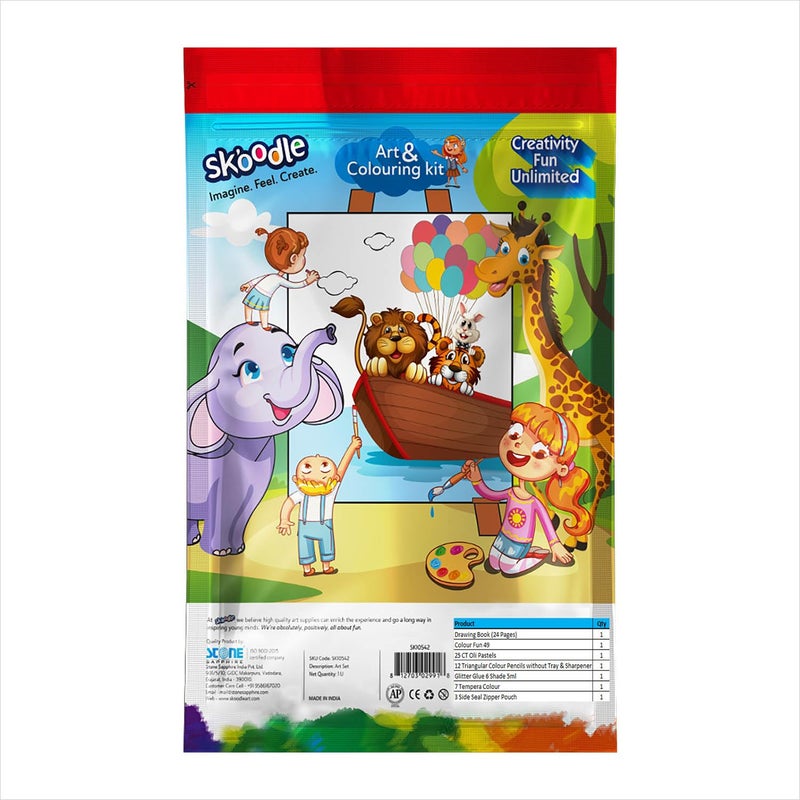 SKOODLE Art & Coloring Kit for Kids - Complete Creative Set with Oil Pastels, Watercolors, Triangular Colored Pencils, Drawing Book, Glitter Paints & Clay with Shaper - Set for Creativity - Image 4