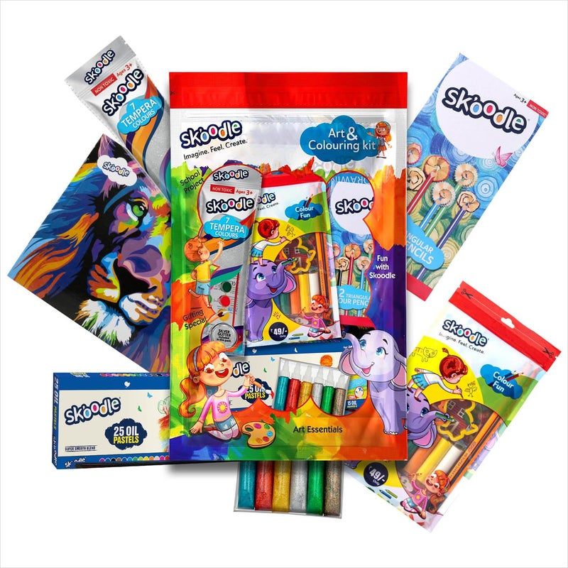 SKOODLE Art & Coloring Kit for Kids - Complete Creative Set with Oil Pastels, Watercolors, Triangular Colored Pencils, Drawing Book, Glitter Paints & Clay with Shaper - Set for Creativity - Image 1