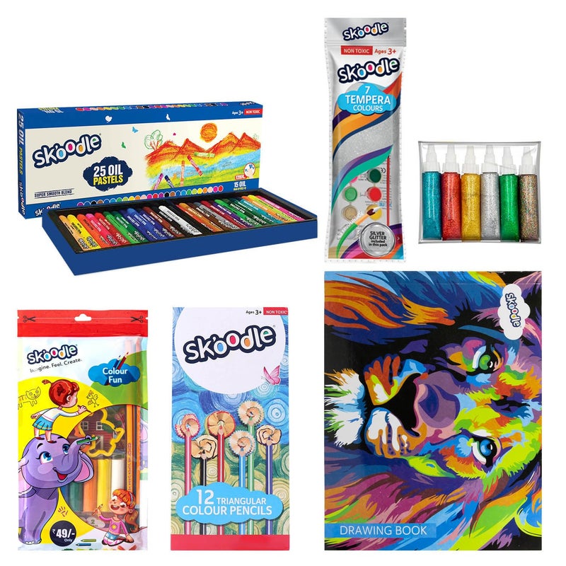 SKOODLE Art & Coloring Kit for Kids - Complete Creative Set with Oil Pastels, Watercolors, Triangular Colored Pencils, Drawing Book, Glitter Paints & Clay with Shaper - Set for Creativity - Image 5