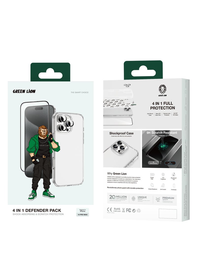 GREEN LION 4 In 1 Defender Pack for iPhone 16 Pro Max/ Anti-Shock Case / Nano HD Back Film / Camera Lens Film / 3D Pet HD Glass - Silver  - Image 1