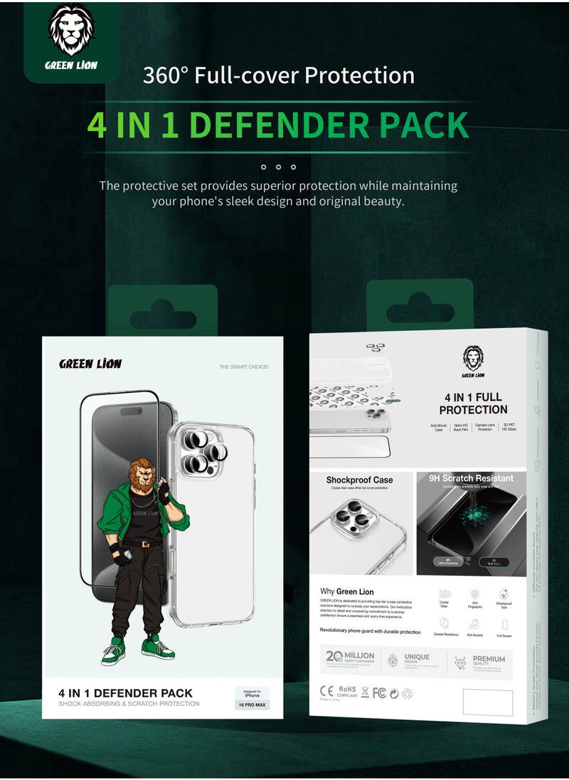 GREEN LION 4 In 1 Defender Pack for iPhone 16 Pro Max/ Anti-Shock Case / Nano HD Back Film / Camera Lens Film / 3D Pet HD Glass - Silver  - Image 4