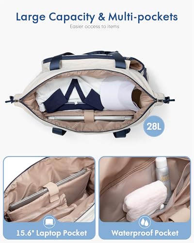 Smasrob Tennis Travel Bag for Women with Exterior Drawstring Racket Pocket and Separate Shoe Compartment Weekend Bags with Wet Pocket and Laptop Pocket Beige - Image 3