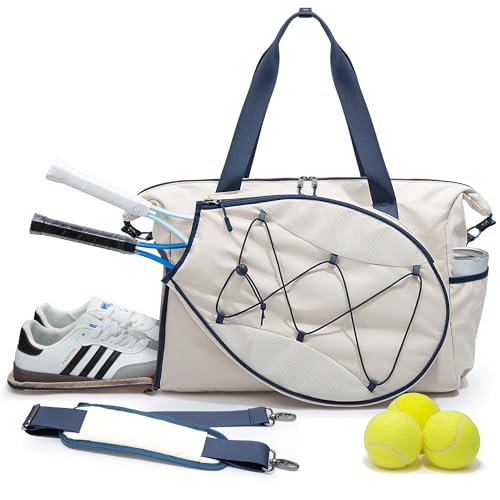 Smasrob Tennis Travel Bag for Women with Exterior Drawstring Racket Pocket and Separate Shoe Compartment Weekend Bags with Wet Pocket and Laptop Pocket Beige - Image 1