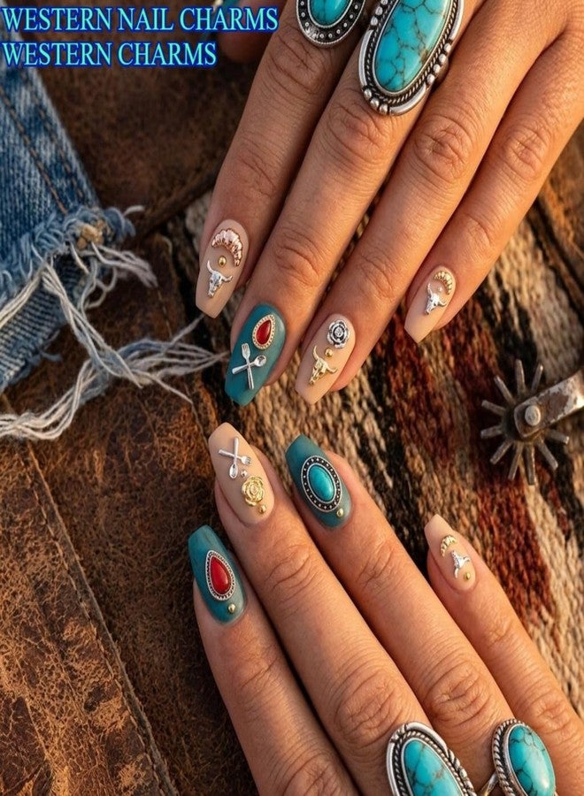 SIXAOAZZ 50 PCS Metal Turquoise Nail Charms - Western Cowboy Nail Art Decorations, 3D Nail Gems for DIY Manicure, Mixed Shapes Nail Accessories for Gel Acrylic Nails (C) - Image 2