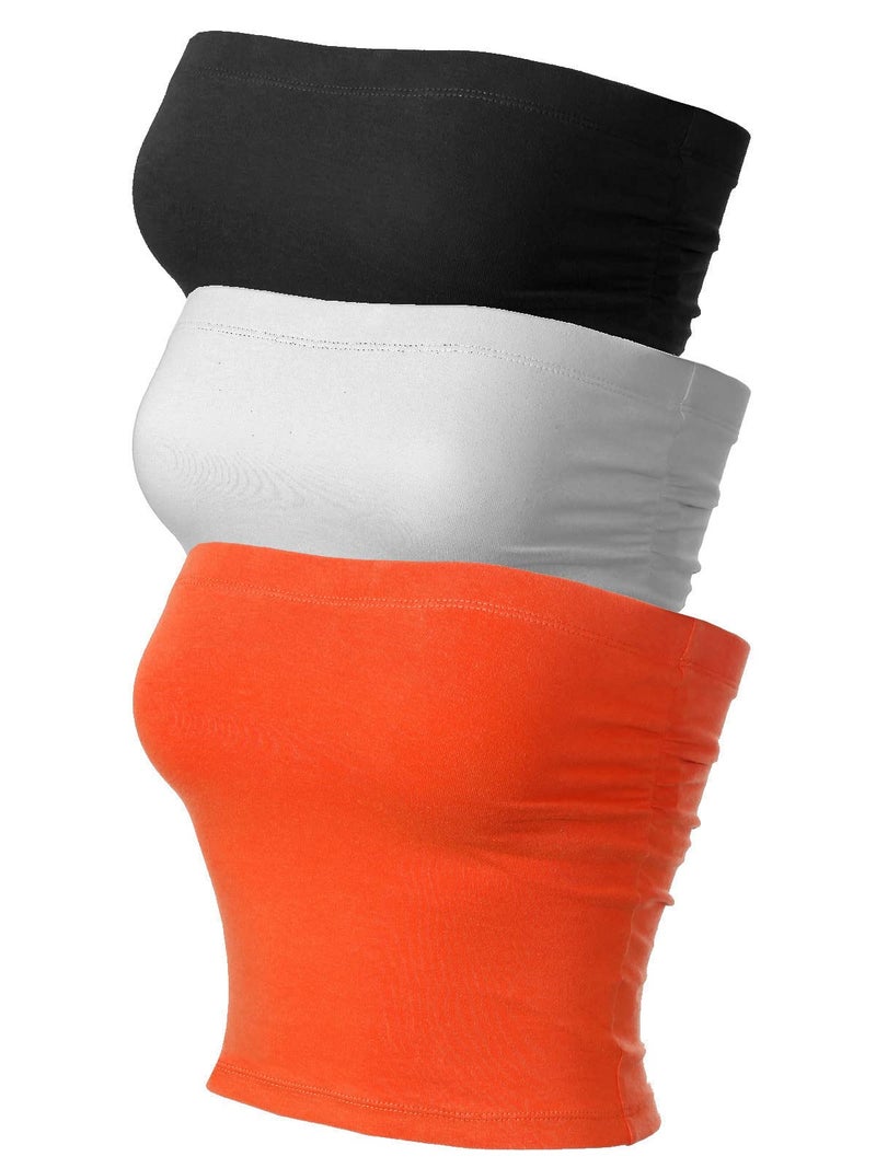 MixMatchy Womens Solid Casual Summer Side Shirring Scrunched Double Layered Tube Top 3PACK BlackWhiteOrange S