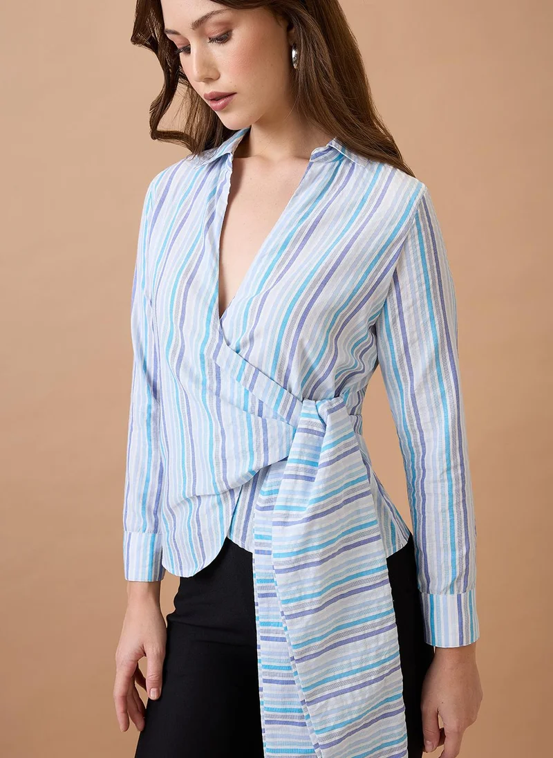 globus Globus Women Vertical Stripes Cuffed Sleeves Shirt Collar Wrap Waist Tie-Up Workwear Top