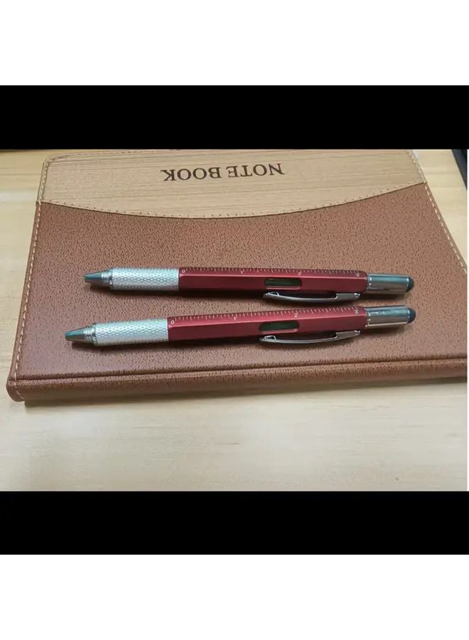 قطعتان قلم أدوات متعددة 7 في 1 باللون الأحمر مع مفك براغي وميزان فقاعيّ ومسطرة متين ومحمول هدية للرجال - Image 1