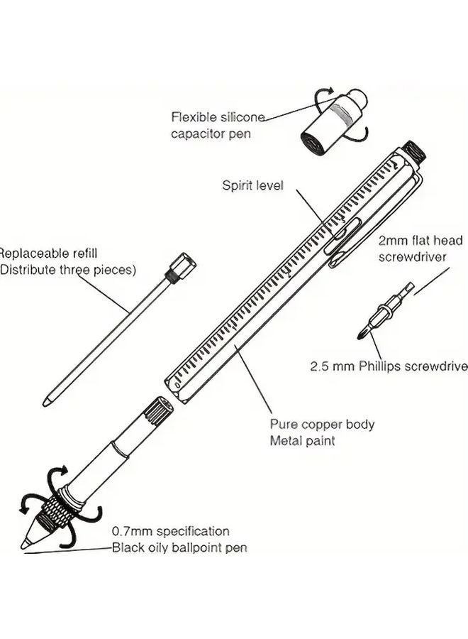قطعتان قلم أدوات متعددة 7 في 1 باللون الأحمر مع مفك براغي وميزان فقاعيّ ومسطرة متين ومحمول هدية للرجال - Image 3