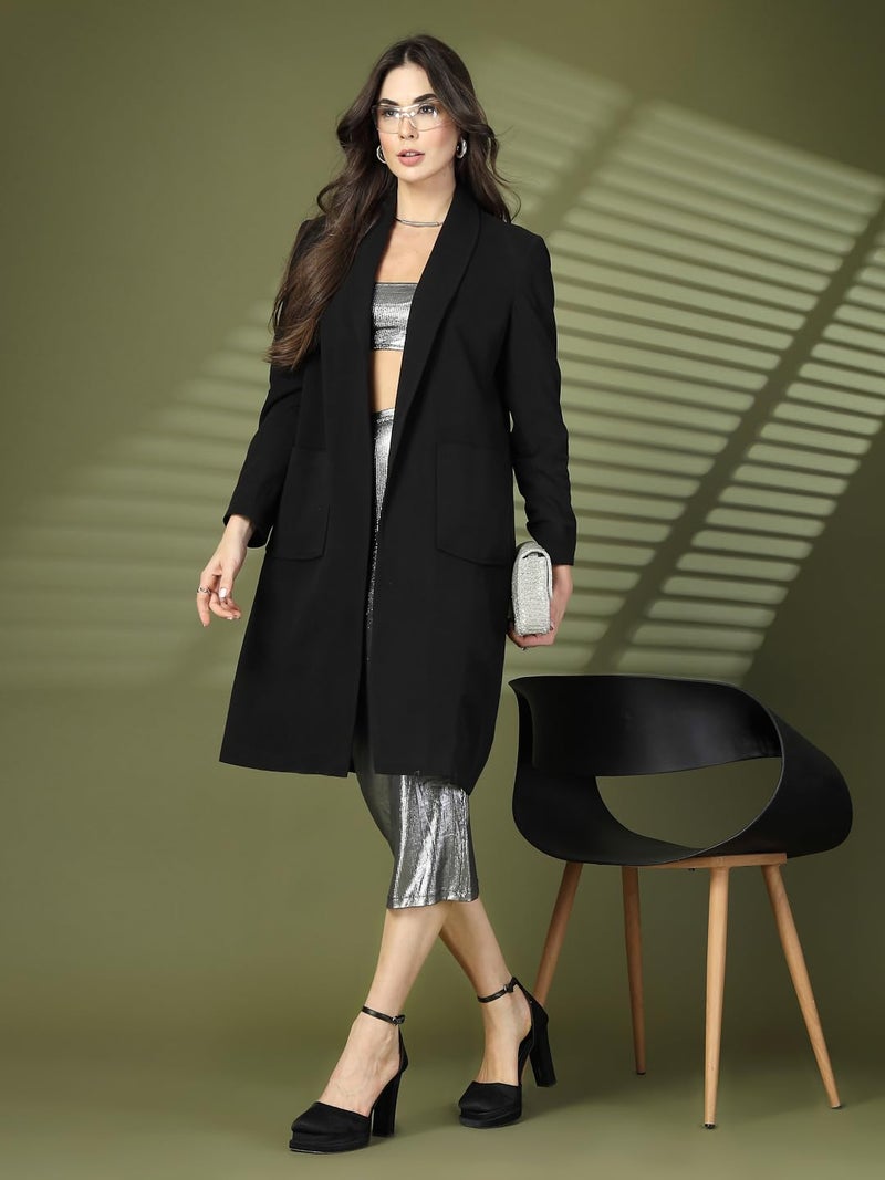 CHKOKKO Women Elegant Winter Wear Warm Coat Classic Knee Length | Solid Color Design with Convenient Front Pockets | Ideal for Formal and Semi-Formal Occasions BLACK M - Image 3
