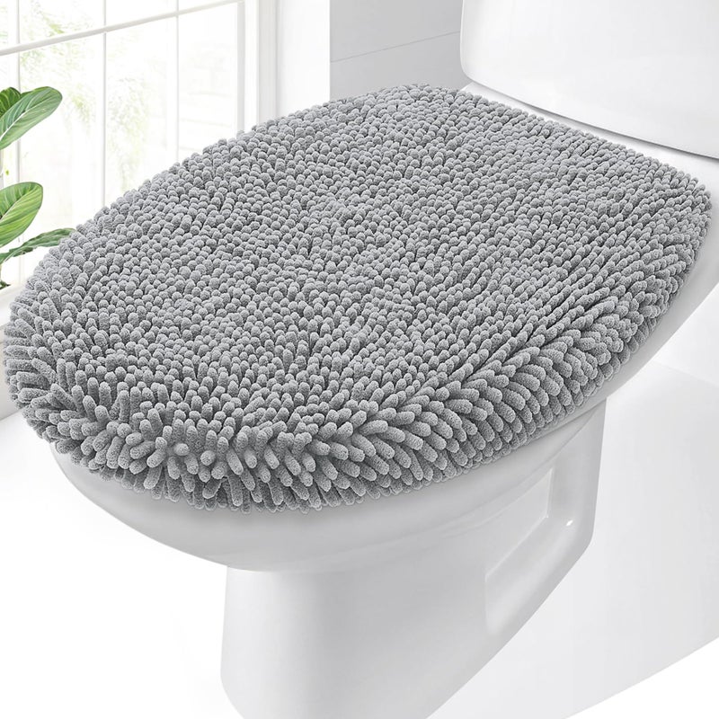 OLANLY Soft Chenille Bathroom Toilet Lid Cover Machine Washable Seat Covers 175x15 Stays in Place Rubber Backing Fits Most Round Elongated and Oblong Lids Accessories Decor Light Gray - Image 2