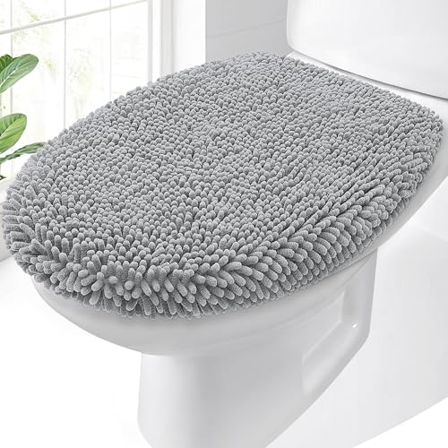 OLANLY Soft Chenille Bathroom Toilet Lid Cover Machine Washable Seat Covers 175x15 Stays in Place Rubber Backing Fits Most Round Elongated and Oblong Lids Accessories Decor Light Gray - Image 1