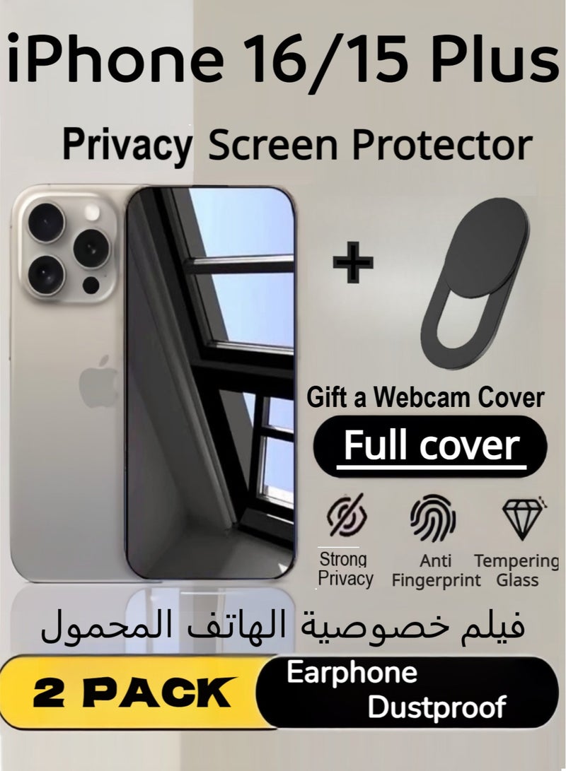 iPhone 15/16 Plus Privacy Screen Protector 6.7 Inch With a Webcam Cover Power-Grade Protection Scratch Resistant, Anti-Fingerprint, Bubble Free, 9H Tempered Glass Film For iPhone 15/16 Plus -2Pack Clear,iPhone15/16 All Models - Image 1