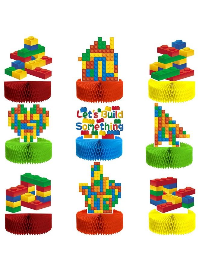 Chinco 9 Pieces Building Block Birthday Party Supplies Building Block Honeycomb Centerpieces Boy Girl Birthday Party Decorations Brick Themed Table Centerpiece Classic Cake Topper Table Decor - Image 1