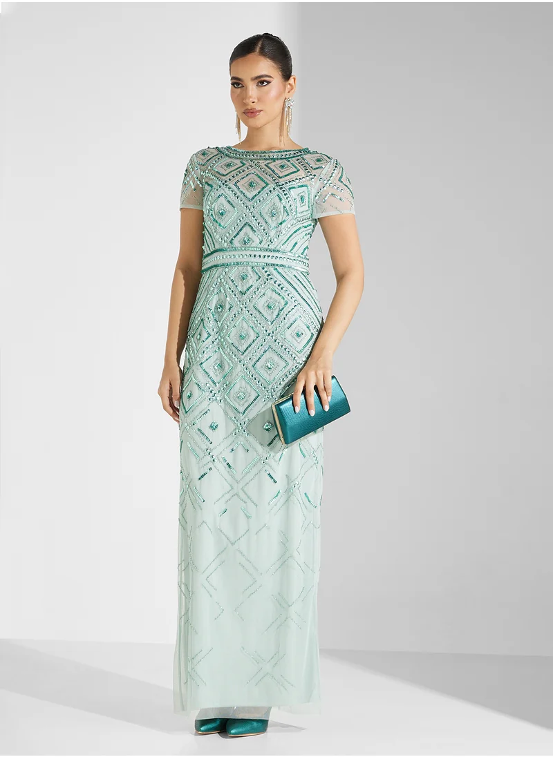 Adrianna Papell Beaded Mesh Long Dress