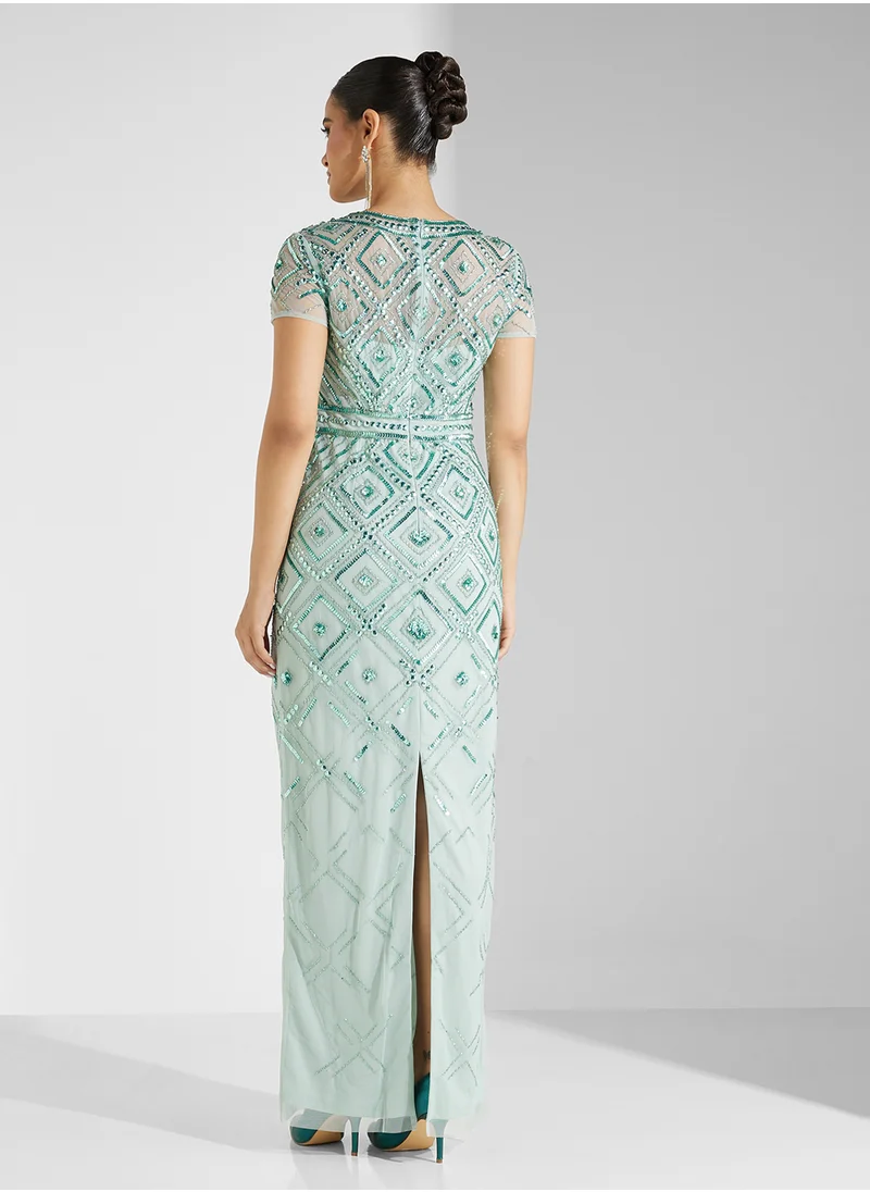 ادريانا بابيل Beaded Mesh Long Dress