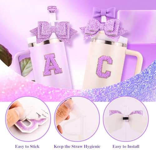 Lingdeer Purple Cup Accessories Set for Stanley 30OZ & 40OZ Tumbler with Handle, Letter Charms, Bow & Diamond Straw Covers, Glitter Silicone Boot, Personalized Sticker for Stanley Cup Accessories (M) - Image 4