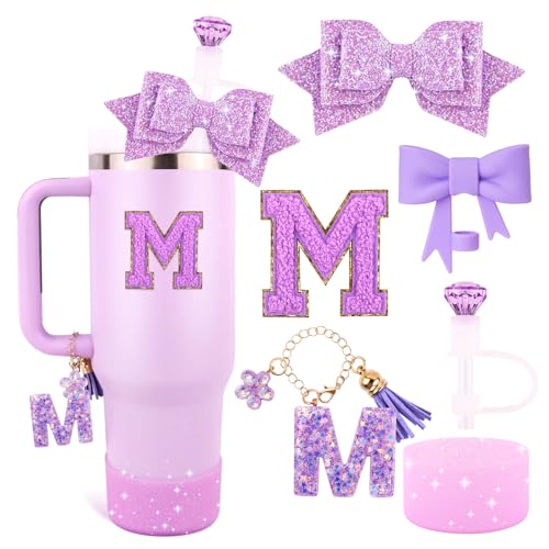 Lingdeer Purple Cup Accessories Set for Stanley 30OZ & 40OZ Tumbler with Handle, Letter Charms, Bow & Diamond Straw Covers, Glitter Silicone Boot, Personalized Sticker for Stanley Cup Accessories (M) - Image 1