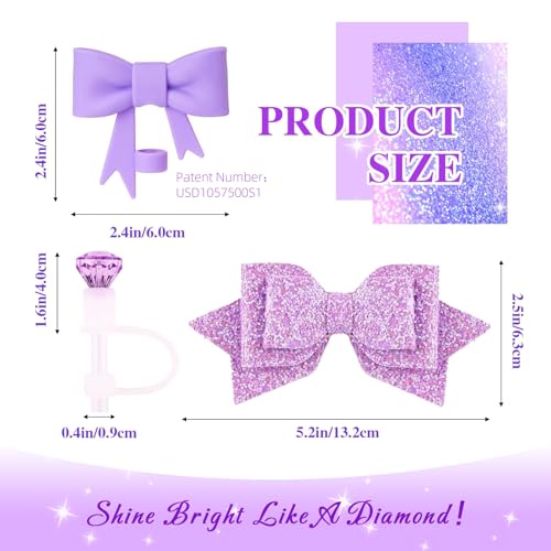 Lingdeer Purple Cup Accessories Set for Stanley 30OZ & 40OZ Tumbler with Handle, Letter Charms, Bow & Diamond Straw Covers, Glitter Silicone Boot, Personalized Sticker for Stanley Cup Accessories (M) - Image 3