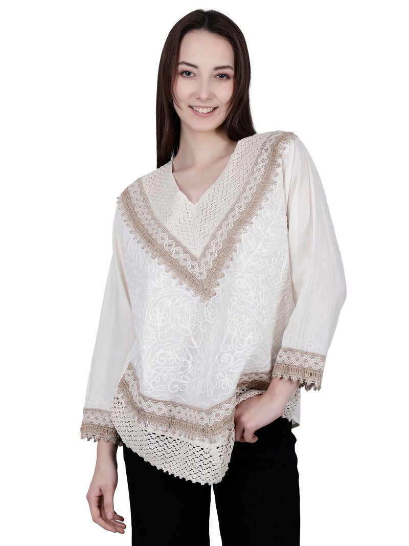 Ukal Hand Embroidered Top/Full Sleeves Cotton Tunic/Summer Short Ethnic Chikan Relaxed Fit Kurti/Boho Short Ethnic Dress for Women - Image 1