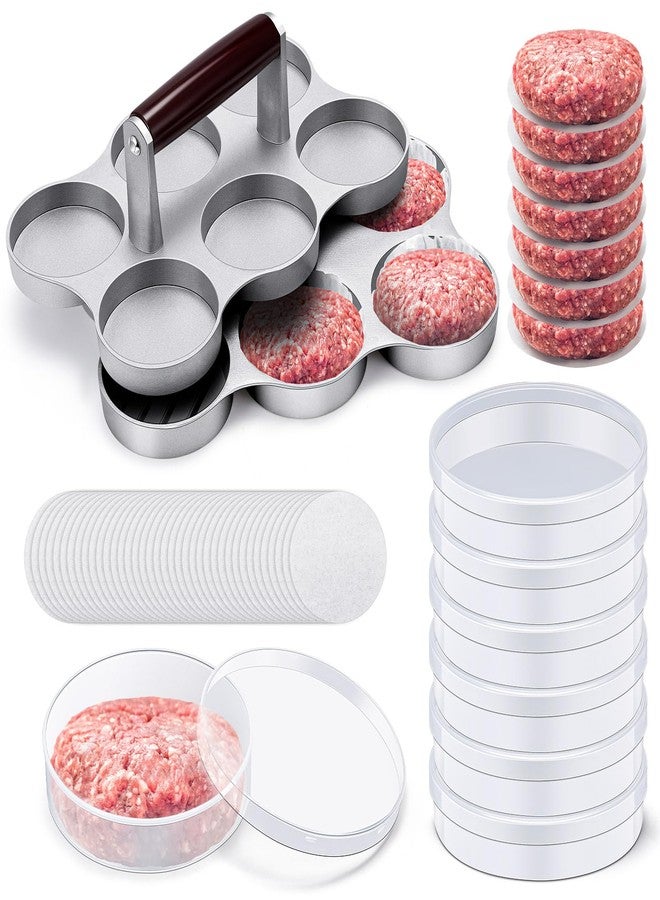 Reallnaive Mini Burger Press Patty Maker with 200 Patty Papers and 6 Storage Containers 6 Slots Meat Patty Maker Patty Paper Sheets Set for Small Burger Barbecue, Make 6 Patties at Once - Image 1