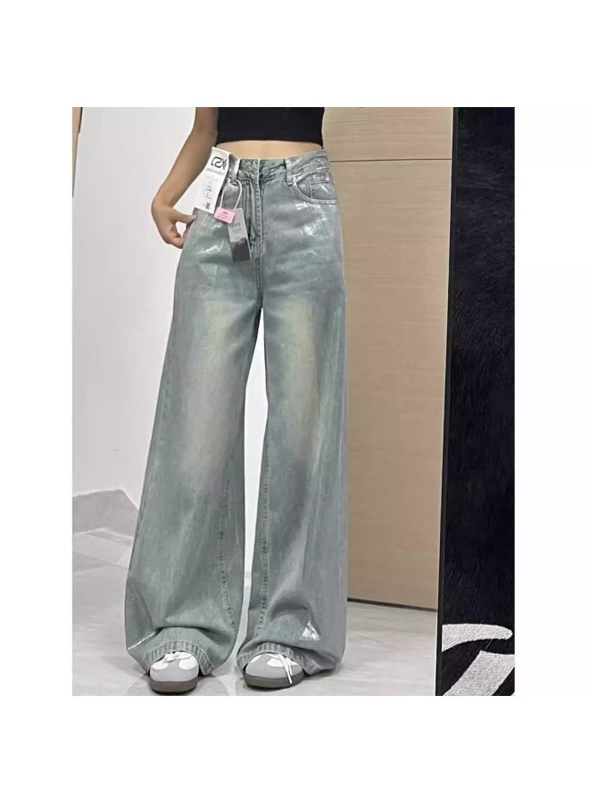 American Style Vintage Hot Silver Wide Leg Jeans Women's Summer Tencel Thin Loose Straight Unique Chic Mop Pants 