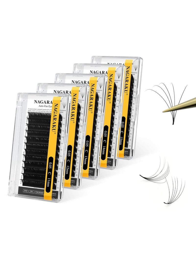 NAGARAKU - NAGARAKU Easy Fan Eyelash Extensions Volume Lashes 5 Trays in 1 Pack 0.05 C curl 11/12/13/14/15mm Rapid Blooming Soft Cluster For Beginners - Image 1