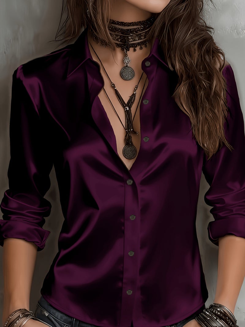 Qi Ta Women's 3D Printed Long Sleeve Satin Shirt - Light Grayish Blue, Open Front Cardigan Style, Loose Fit - Image 1