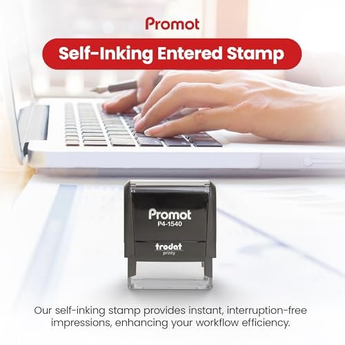 Promot Entered Self Inking Rubber Stamp - Refillable Stampers for Office - Business, Accounting, Bookkeeping, Coding, Legal, Notary, Work, Ordering, Inventory Stamps - Red Ink - Image 2