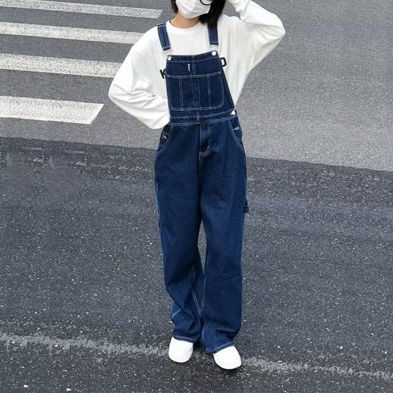 American Retro Denim Overalls For Men And Women, Straight Loose Design Trendy High Street Workwear Jumpsuit Pants - Image 4