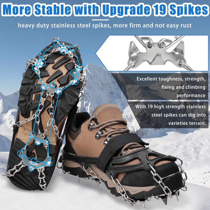 JSHANMEI Crampons 19 Spikes Shoes Anti Slip Ice Cleats for Shoes and Boots, Traction Snow Cleats Crampons for Hiking Boots Women Men Safe Protect for Winter Walking Hiking Ice Fishing, Size L - Image 2